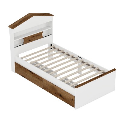 TiramisuBest Twin Size House-Shaped Wooden Bed with Storage Shelf on the Headboard - Brown+White Wood Design