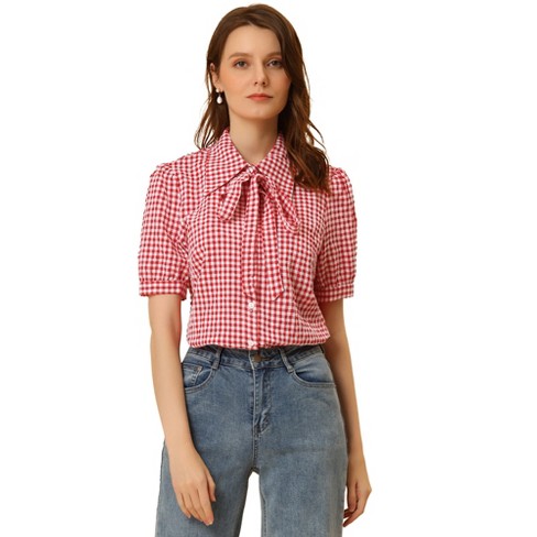 Allegra K Women's Plaid Blouse Bow Tie Neck Puff Short Sleeve