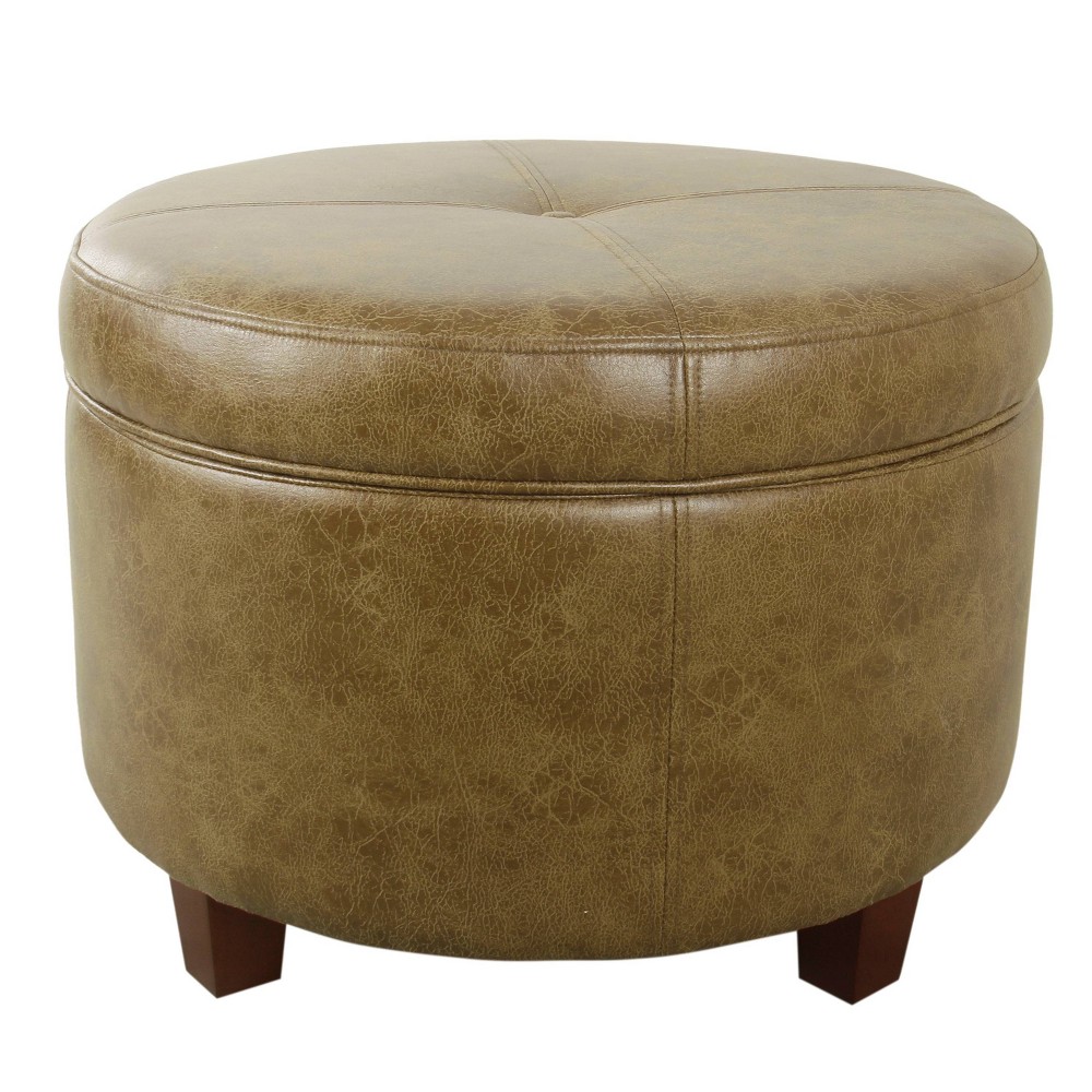 Photos - Pouffe / Bench Large Round Storage Ottoman Distressed Brown Faux - HomePop