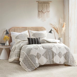 4 Pcs Elegant Boho Chenille Trims Comforter Set,All Season Home Textile Microfiber Bedding Set fits Lux Bedroom Decor,Matching Pillow & Shams - 1 of 4