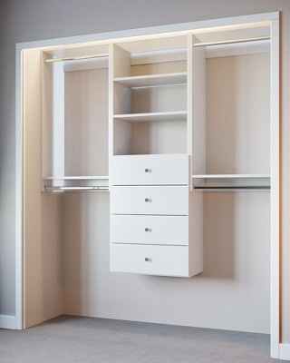 White Modular Closet System with Shelves, Drawers, and Hanging Rods