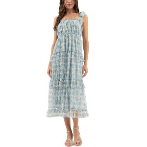 August Sky Women's Mock Tie Shoulder Straps Tiered Floral Midi Dress - 1 of 4