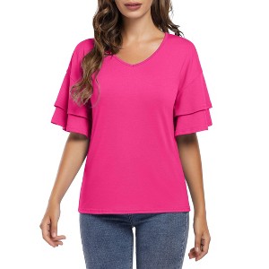 BLUEMING Womens Flutter Elbow Sleeve Shirts V Neck Tee Blouse Pagoda Sleeve T-Shirts Summer Tee Blouse Flowy Tops - 1 of 4