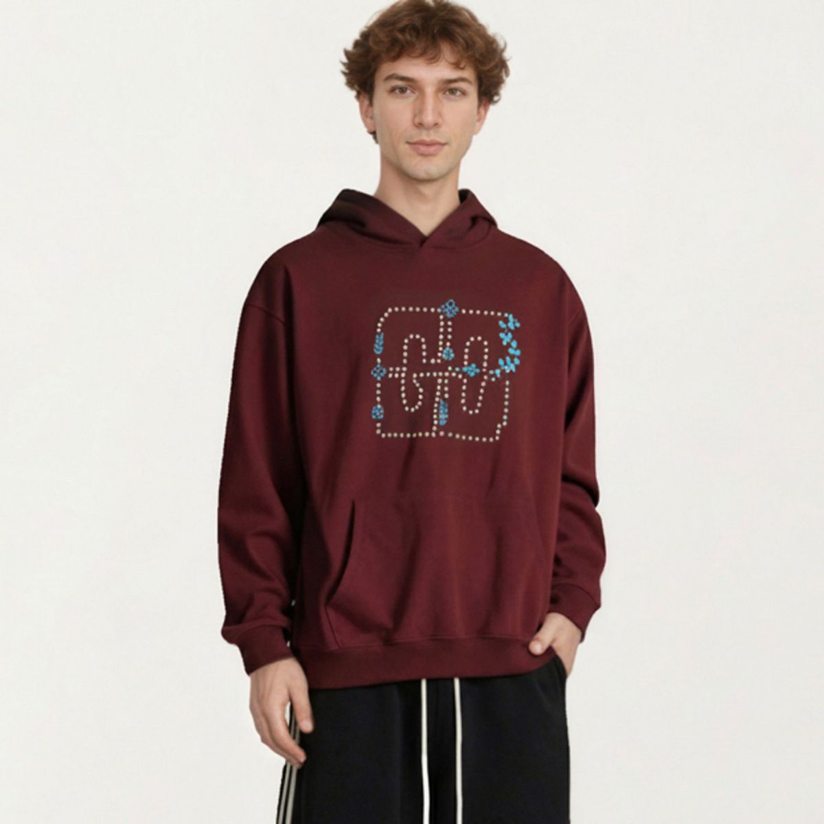 Anna-Kaci Men's Embroidered Pullover Hoodie with Front Pocket and Relaxed Fit - thumbnail 8