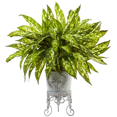 Lush Green Artificial Aglaonema in Distressed White Planter