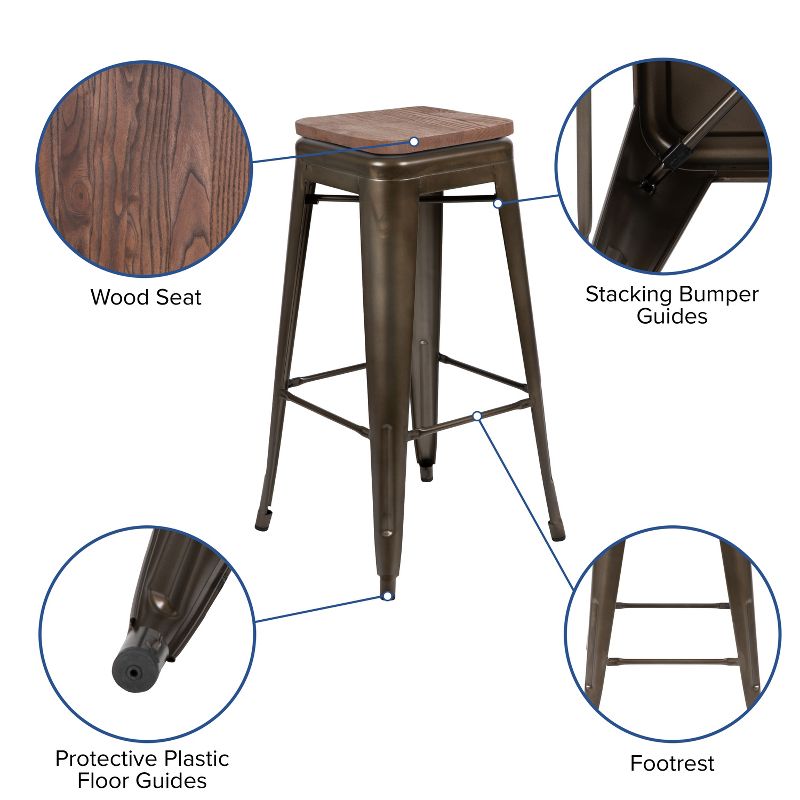 Flash Furniture 30" High Metal Indoor Bar Stool with Wood Seat - Stackable Set of 4, 4 of 14