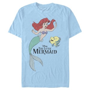 Men's The Little Mermaid Distressed Ariel and Flounder Friends  T-Shirt - Light Blue - 3X Large - 1 of 4