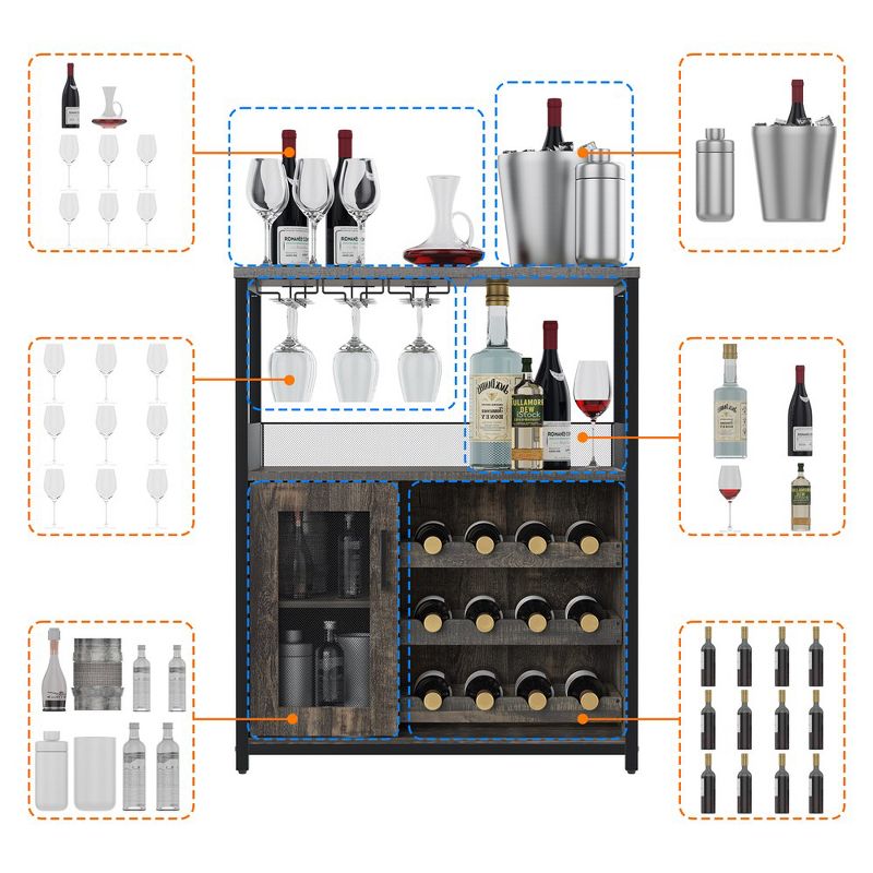 Whizmax Wine Bar Cabinet with Detachable Rack, Glass Holder, Small Sideboard and Buffet Mesh Door, Gray, 4 of 8