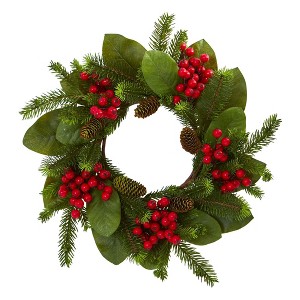 Nearly Natural 19” Magnolia Leaf, Berry and Pine Artificial Wreath - 1 of 1