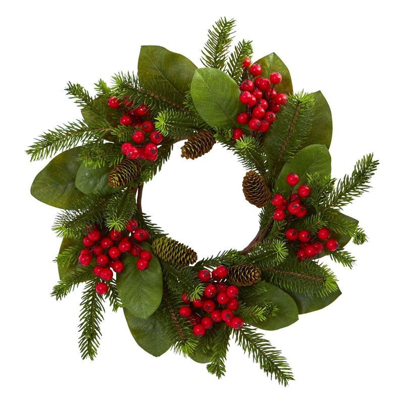 Nearly Natural 19” Magnolia Leaf, Berry and Pine Artificial Wreath, 1 of 2