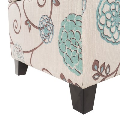 White and Blue Floral Fabric Upholstered Storage Ottoman with Birch Legs