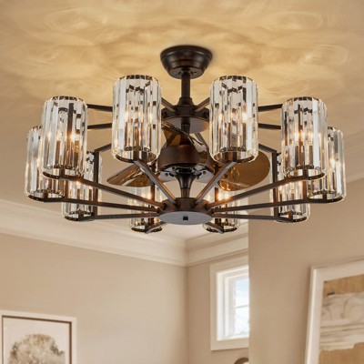 Ludomide 35" Black Crystal Chandelier Ceiling Fan, 10-Light Vintage Flush Mounted Fandelier for Bedroom, Dining Room, Living Room, Kitchen