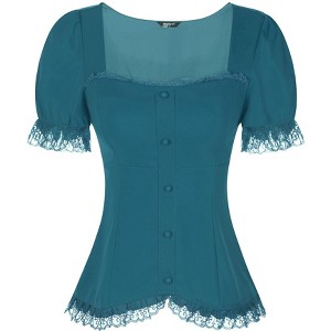 INSPIRE CHIC Women's Square Neck Solid Color Puff Short Sleeve Lace Up Gothic Blouse - 1 of 4