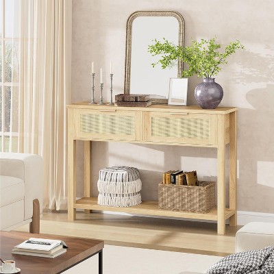 Entryway Table with Drawers, Rattan Console Table with Storage, Boho Sofa Table for Living Room, 2 Tier Hallway Table Home