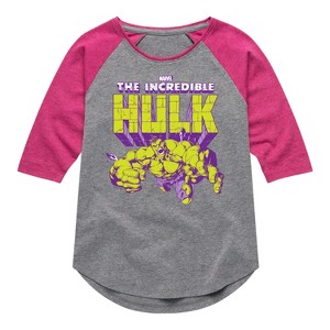 Girls' - Marvel - Hulk Logo Shirt Tail Raglan Graphic T-shirt - 1 of 4
