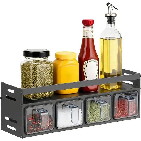 Aeelleea 2-Tier Kitchen Spice Rack Organizer with 4 Spoons, Wall Mount or Countertop Condiment Storage Rack, 4-Grid Design, Gray