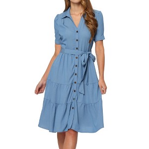 Allegra K Women's Summer V Neck Short Sleeve Button Down Tie Waist Chambray Shirt Dress - 1 of 4