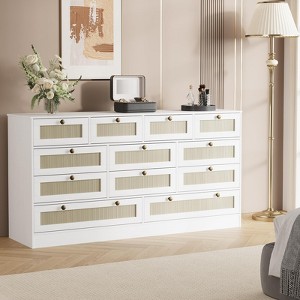 Wooden Dressers for Bedroom with 12 Drawers, 61" Wide TV Stand Dresser for 65 inch TV, Rattan Chest of Drawers for Living Room, Hallway - 1 of 4