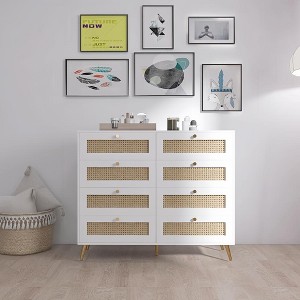 White Color 8 Drawers Chest of Drawers with Rattan Drawer Face Golden Legs and Handles - 1 of 4