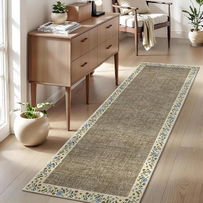 Area Rugs for Living Room Bedroom Modern Floral Bordered Rug Non-Slip Low Pile Accent Carpet Soft Foldable Rug Home Decor