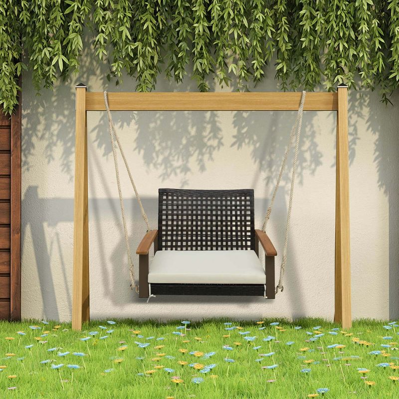 Costway Outdoor Single Swing Chair Bench 1-Person Rattan Porch Swing with Cushion, 1 of 10