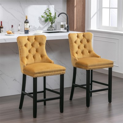 Set of 2 Contemporary Velvet Upholstered Bar Stools with Button Tufted Decoration & Chrome Nailhead Trim, Leisure Bar Chairs for Restaurants Bedrooms