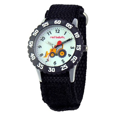 Boys' Red Balloon Construction Site Stainless Steel Time Teacher with Bezel Watch - Black