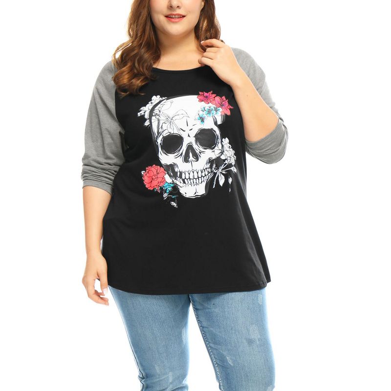 Agnes Orinda Women's Plus Size Floral Skull Contrast Color Raglan T-shirt, 2 of 6
