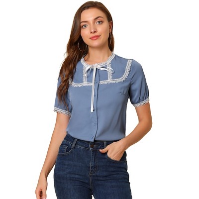 Allegra K Women's Short Sleeve Lace Panel Bow Tie Collar Button Down Shirt