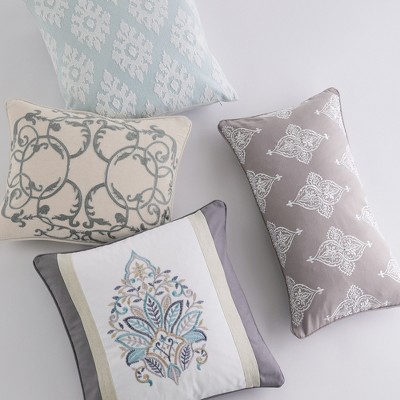 Gray and Ivory Embroidered Rectangular Feather Throw Pillow