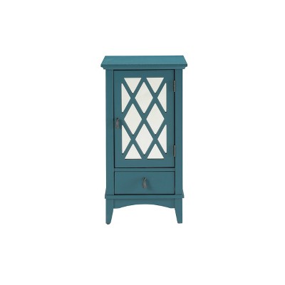 Teal Mirrored Glass Door Accent Table with Storage