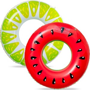 Jasonwell 2PCS Fruit Pool Floats - Watermelon & Lime Inflatable Rings for Kids & Adults, Vibrant Multi-Color Design - 1 of 4