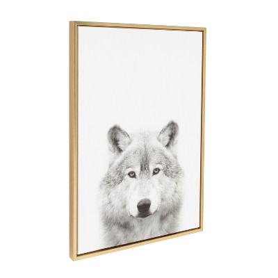 Gold Framed Black and White Wolf Canvas Print, 33" x 23"