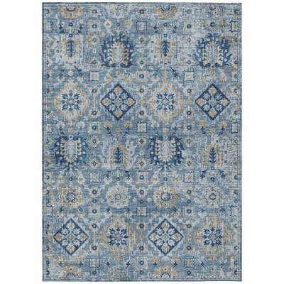 Denim Blue And Gold Floral Medallion Washable Indoor Outdoor Area Rug