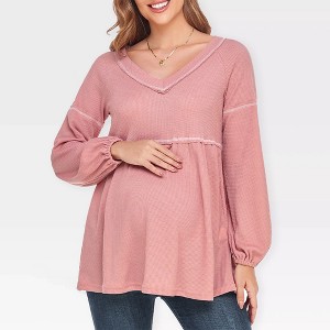 Maternity Sweater V Neck Long Sleeve Peplum Tops Fall Outfits for Maternity Cozy Waffle Knit Sweater Midweight Babydoll Smock Tops - 1 of 4