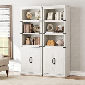 5 Tier Bookcase with Cabinet Doors, Farmhouse Bookshelf 68.7" Tall, Wooden Storage Shelf for Home Office, Living Room, Grey/White/Dark Oak - 1 of 4