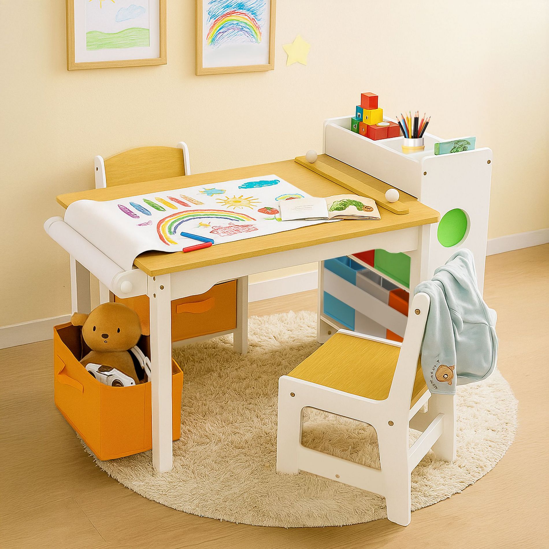 Kinder King Kids Table and Chair Set with Storage – Toddler Activity Desk with 8 Bins & Paper Roll for Drawing, Reading, Crafts & Snacks