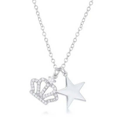 ShineHigh Vanessa Rhodium-Plated Crown and Star Charm Pendant Necklace – 0.4 Carat Pave CZ Accents – Dual Charm Jewelry for Women