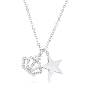 ShineHigh Vanessa Rhodium-Plated Crown and Star Charm Pendant Necklace – 0.4 Carat Pave CZ Accents – Dual Charm Jewelry for Women - 1 of 1