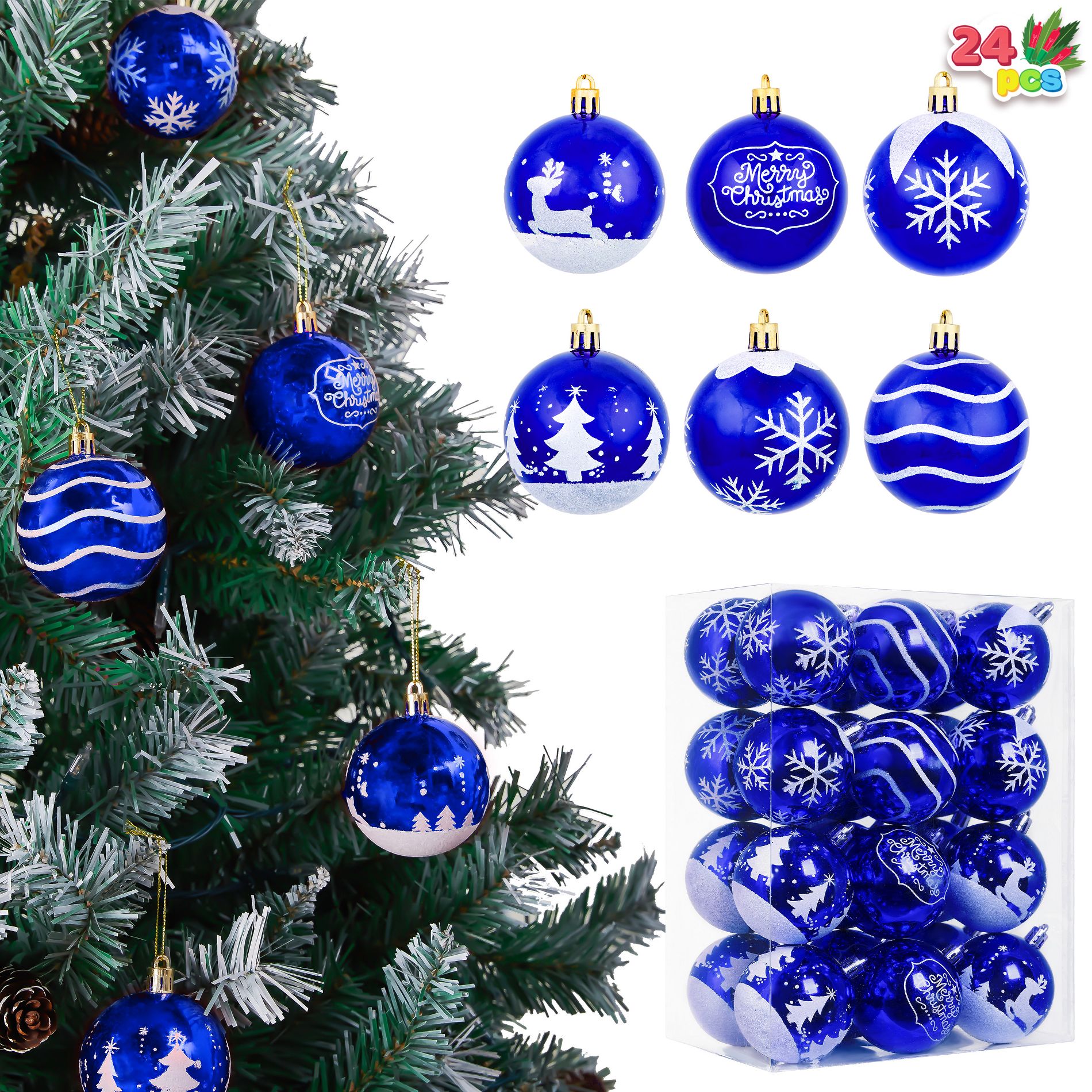 Joyfy Christmas Ornaments, Christmas Tree Decorations Indoor, 36ct/24ct Blue,  2.36" Glittered Shatterproof Hanging Balls for Tree & Wreath Xmas Decor