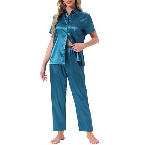INSPIRE CHIC Womens Satin  Loungewear Silky Button Down Short Sleeve Lapel Collar Pajama Sets - 1 of 4