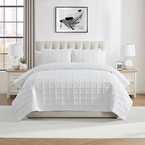 Vcny 3pc Full/queen Square Pinsonic Quilt Set White: Hypoallergenic ...