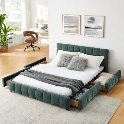 Queen Size Upholstered Bed Frame with Headboard and Drawer