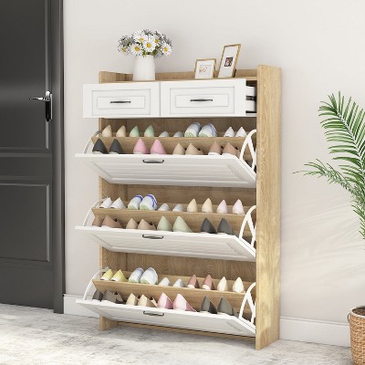 Resenkos Yardi Yard 1250 White + Oak Color Shoe Cabinet with 3 Doors 2 Drawers, PVC Door with Shape, Large Space for Storage