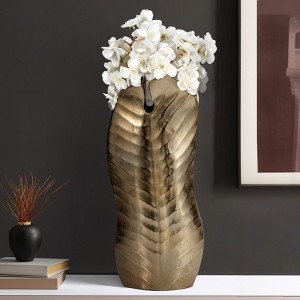 Vase Aluminum Leaf Textured Design Home Office Bedroom Living Room Decor - 16" Gold & Metallic - 1 of 4