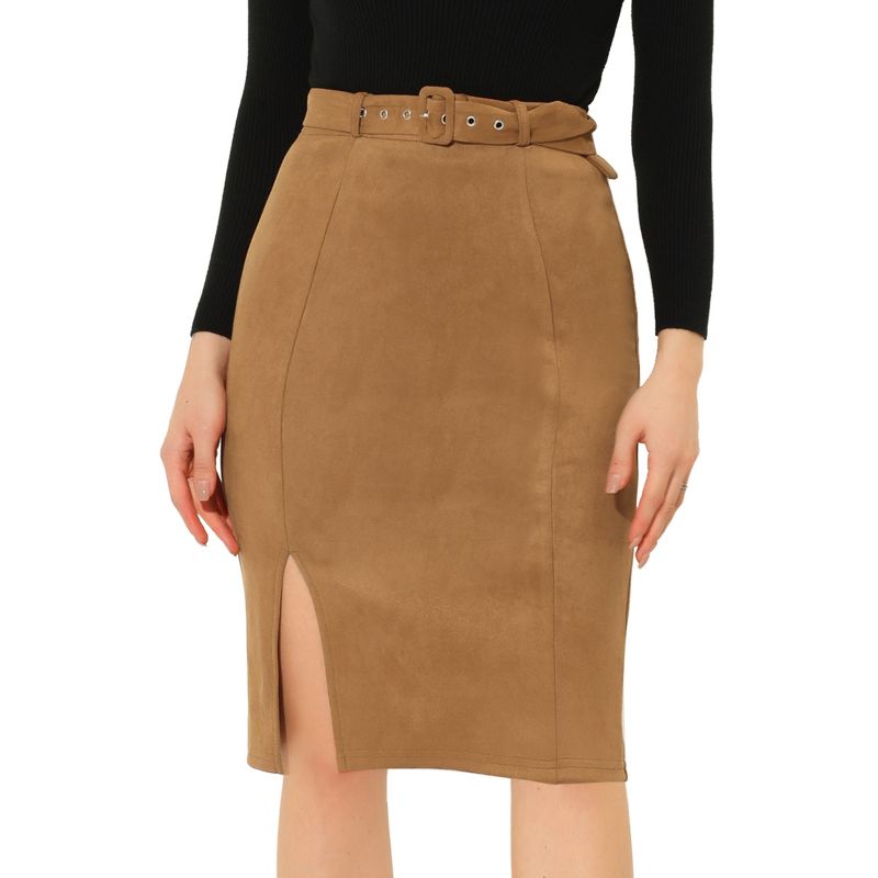 Allegra K Women's Faux Suede High Waist Belted Knee Length Slit Pencil Skirt, 1 of 6
