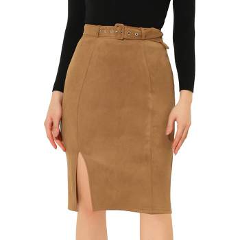 Allegra K Women's Faux Suede High Waist Belted Knee Length Slit Pencil Skirt