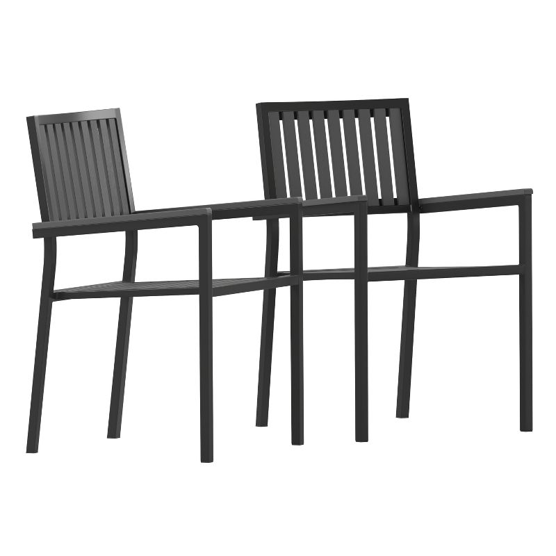 Emma and Oliver Set of 2 Modern Weather and Rust Resistant Black Steel Stacking Chair with Arms and Polyresin Seat and Back for Indoor and Outdoor Use, 1 of 12