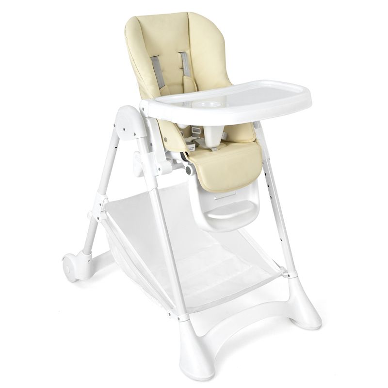 Infans Baby Convertible Folding Adjustable High Chair w/Wheel Tray Storage Basket Beige, 1 of 8