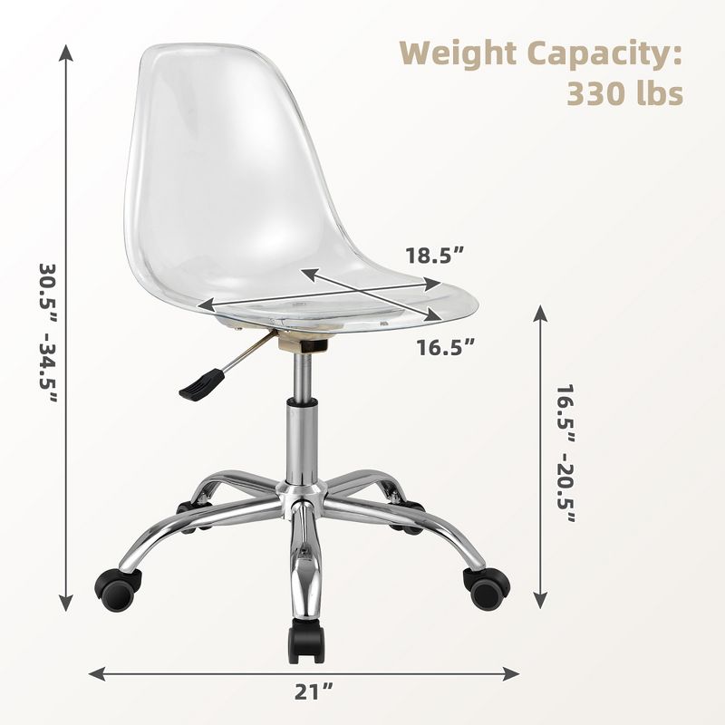Costway Rolling Acrylic Armless Office Chair Swivel Vanity Chair Adjustable Height, 3 of 11